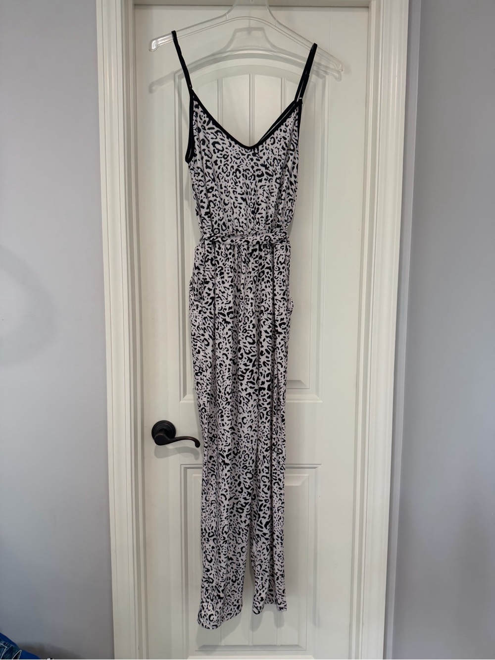 Leopard Print Spaghetti Strap Jumpsuit - Black & White